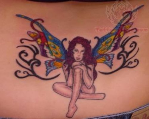 Color Fairy Wings Lower Back Tattoo